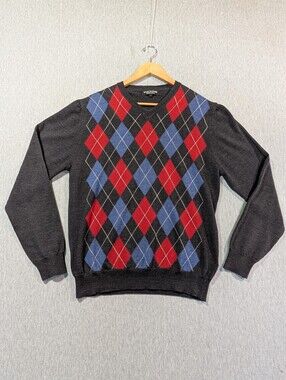Marco Fiori Merino Wool Argyle Sweater Men's Large Black Red Blue Diamonds